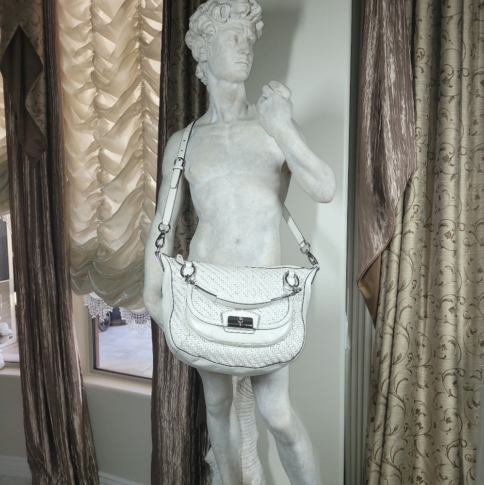 Coach Kristin bag, authentic woven white leather satchel with crossbody strap